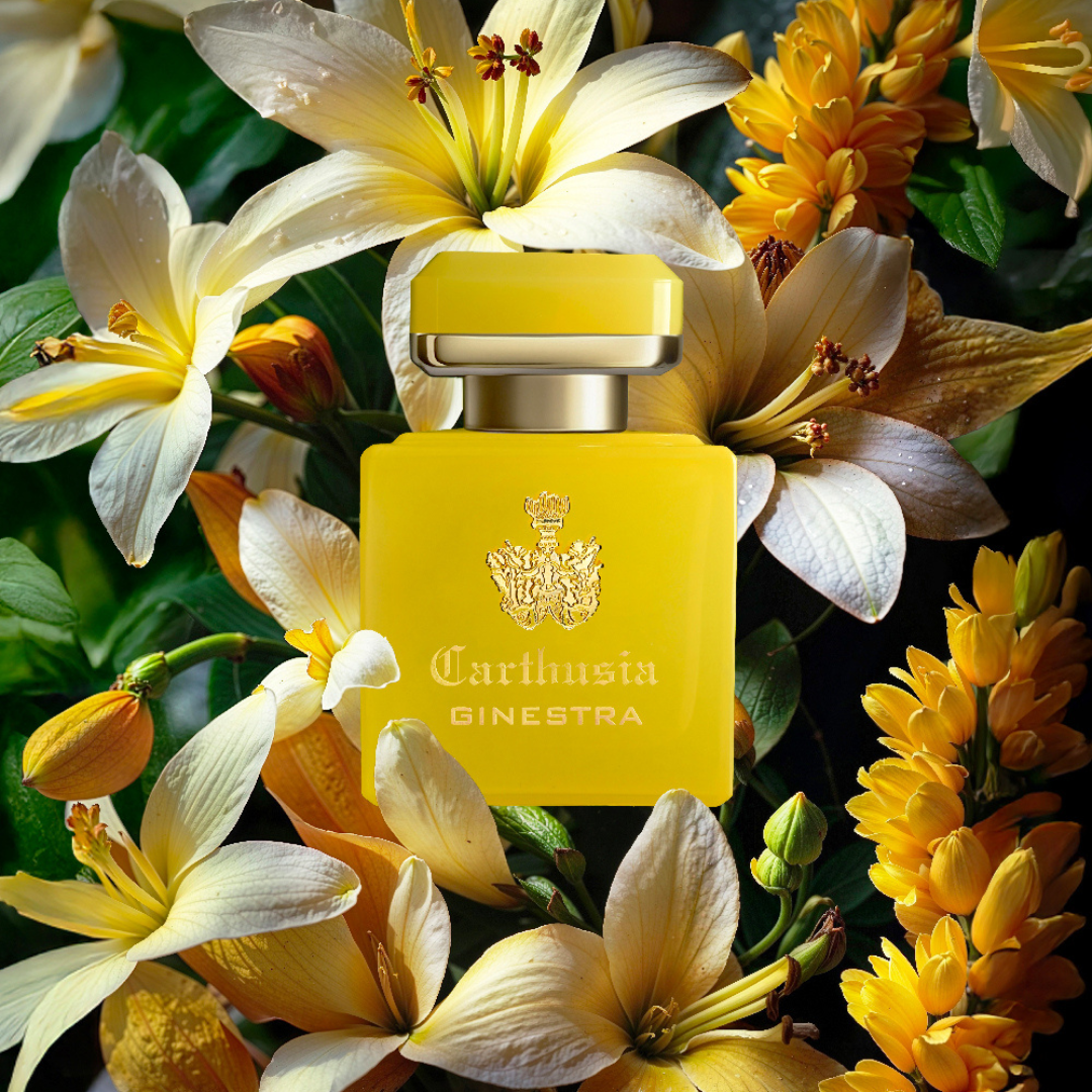 Carthusia Intenso di Ginestra Eau de Parfum Flakon auf Blüten